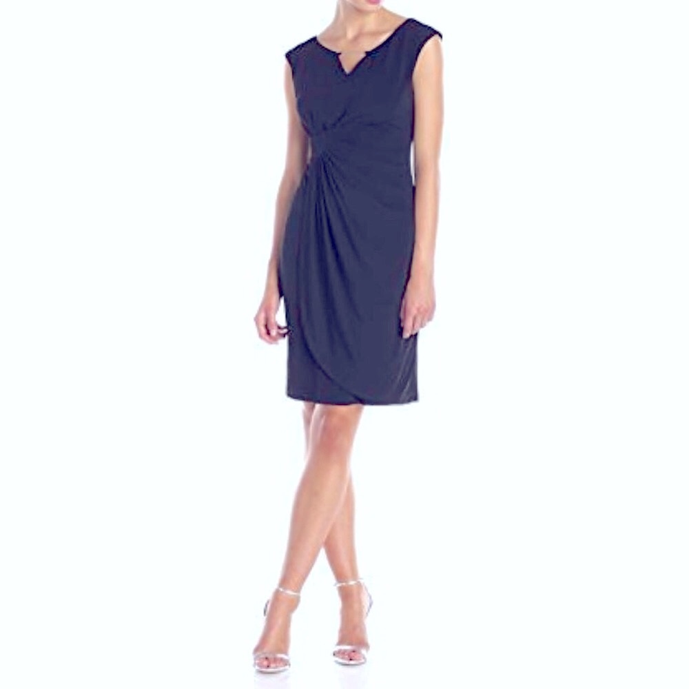 Navy Blue, Cap Sleeve Faux Wrap, Midi Dress